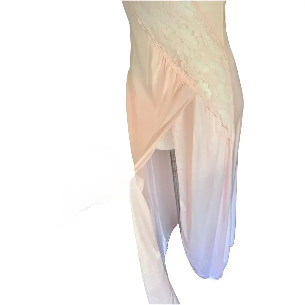 Val Mode Vintage 1970s Blush Pink Nylon Nightgown Diagonal Lace Panel Small